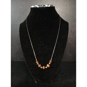 Sterling Silver Tigers Eye Bead Necklace 20 Inch Brown Gemstone Minimalist